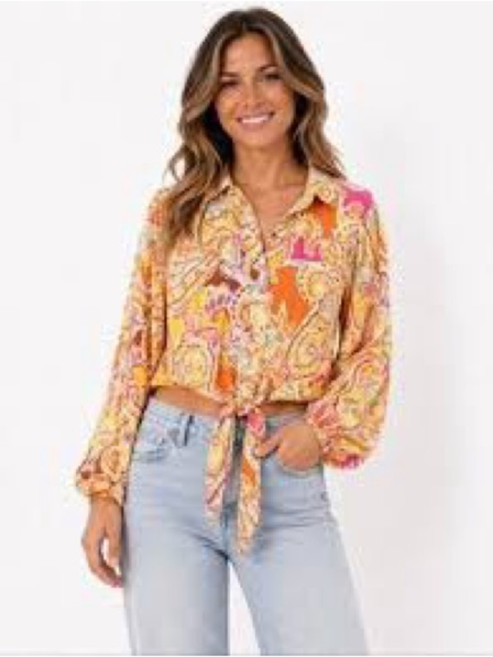 NWT Rachel Zoe Paisley Tie-Front Crop Blouse Balloon Sleeve Boho Size XL